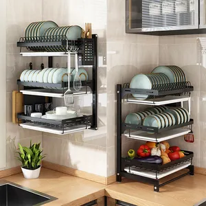 Tazón montado en la pared de la cocina el fregadero dish rack plato bastidores colgantes del fregadero de 2 niveles con la bandeja
