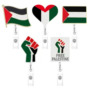 하이 퀄리티 도매 ID 카드 홀더 팔레스타인 깃발 금속 개폐식 배지 릴 벨트 클립
