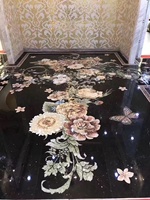 Tapis de sol en marbre noir, 1 pièce, motifs de fleurs, médaillon, Design de sol pour hall d'entrée