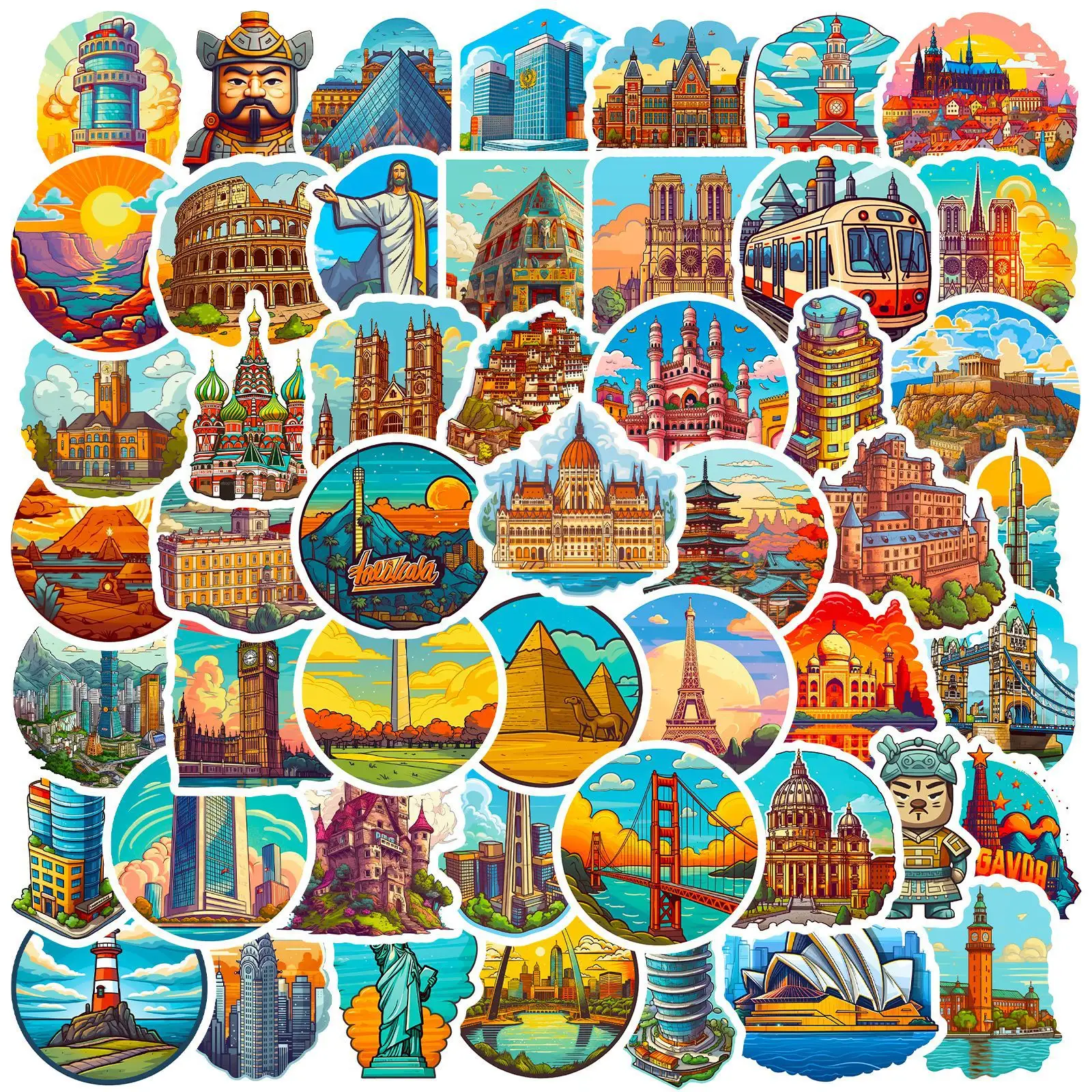 50 Stuks Wereld Mijlpaal Stickers Cultureel Landschap Creatief Toerisme Stad Gebouw Kaart Stickers