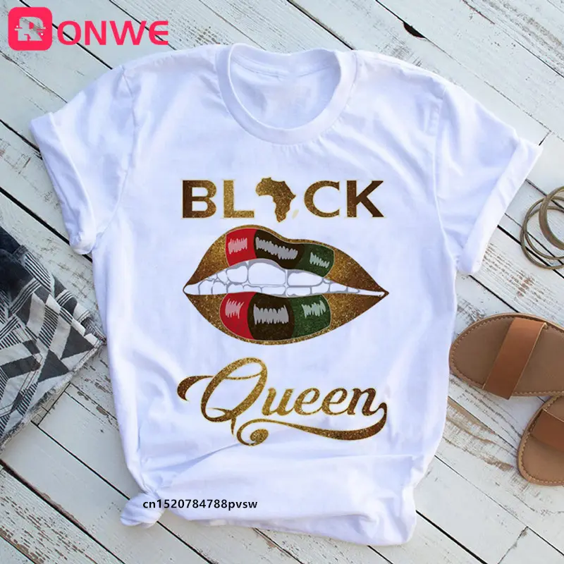 Camiseta blanca africana con estampado divertido para mujer, ropa Harajuku de los 90 con labios negros y reina, envío directo