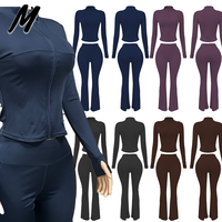 Vêtements de sport pour femmes, veste zippée intégrale, pantalon de yoga évasé, ensemble d'entraînement deux pièces avec trous pour les pouces, vêtements de sport personnalisables avec logo