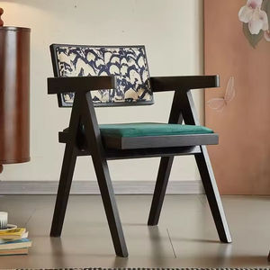 Fauteuil moderne en bois massif avec dossier à motifs et coussin vert pour salon, salle à manger et bistrot - Product Image 2