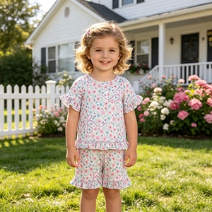 GSSO3322 rts Ensemble d'été pour petite fille, motif fleurs violettes, tenue d'été pour enfants, vente en gros, ensemble short et manches courtes pour fille - Product Image 1