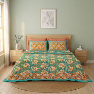 Drap plat en coton imprimé premium, motif floral bohème, literie indienne, taille Queen/King, fait main à Jaipur - Product Image 3
