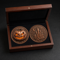 Pièce de monnaie commémorative en bronze Premium phosphorescente pour le défi de la citrouille d'Halloween, avec château gothique et boîte cadeau en bois