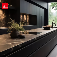 Meubles de cuisine contemporains de style ouvert, en placage de bois cannelé foncé, panneaux mats noirs avec quincaillerie dorée