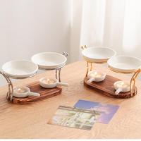 Nouveau diffuseur d'huiles essentielles créatif en céramique à deux pots avec base en bois, support pour bougie chauffe-plat, chauffe-huile d'aromathérapie