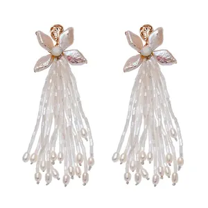 时尚贝壳珠饰品手工新娘淡水珍珠流苏耳环的妇女