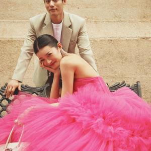 Pink Tulle Ball Gown Wedding Dress Sweetheart Neckline Natural Waistline Cake Skirt Style For Bridal Photography - Product Image 3