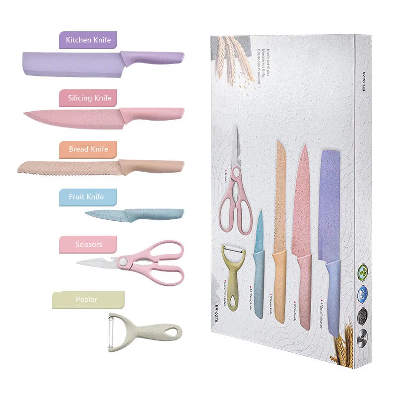 6 Pieces Set Colorful Wheat Straw Kitchen Knife Stainless Steel Household Kitchen Knife Set