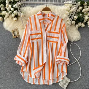 Blusa informal de estilo coreano a rayas para primavera y otoño, camisa de manga larga con solapa para mujer, 2022