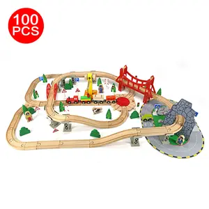 COMMIKI Brinquedo de madeira Blocos de Construção 100 Peças Country Track Thomas Little Train Conjunto de Brinquedos Educativos para Crianças