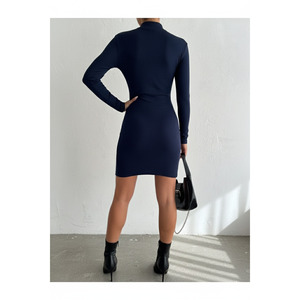 Women's <b>Elastic</b> Ribbed Stand-Up Collar Long Sleeve Midi <b>Dress</b> 90 Cm Office Wear - Product Image 4