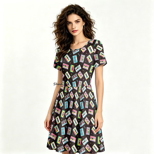Women Retro Music Cassette Tape Print Dress Vintage A-Line <strong>Skirt</strong> with Dual Side Pockets Short Sleeve Pop Art Casual Vestidos - Product Image 1