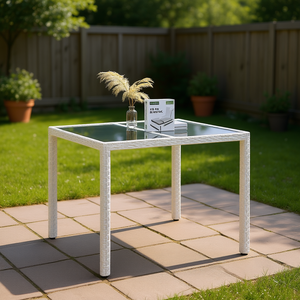 White Poly Rattan Garden Dining <b>Table</b> 35.4 X 35.4 X 29.5 In Tempered Glass Top Outdoor Furniture - Product Image 2
