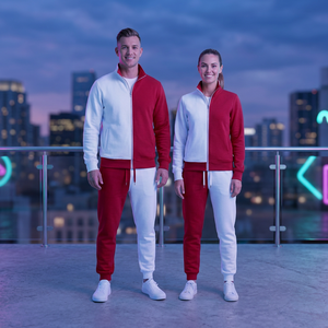 Survêtement unisexe réversible rouge et blanc à blocs de couleur, avec fermeture éclair intégrale, col à capuche, en polaire légère et écologique, décontracté - Product Image 1