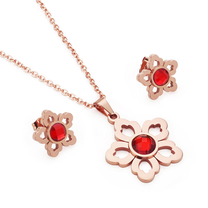 Parure de bijoux tendance pour femme en acier inoxydable léger, avec chaîne fine et boucles d'oreilles clous à breloque fleur creuse en verre cristal rouge - Product Image 1