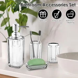 Morden Home Decor Bathroom Accessory Set 4 Piece Includes Liquid Lotion Dispenser Pump Toothbrush Holder Tumbler Cup Soap Dish