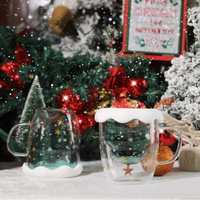 Mug en verre borosilicate à double paroi, motif sapin de Noël, couvercle flocon de neige, 280 ml, résistant à la chaleur, isolé, sans BPA, passe au lave-vaisselle, réutilisable
