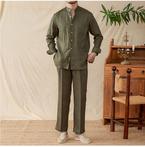 2024 nuevo verano hombres 100% camisa <span class=keywords><strong>de</strong></span> <span class=keywords><strong>lino</strong></span> pantalones <span class=keywords><strong>conjunto</strong></span> transpirable Color sólido Caballero versátil cómodo <span class=keywords><strong>conjunto</strong></span> Casual para hombres - Product Image 1