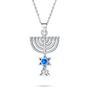 Perhiasan Yahudi Judaica simbol Yahudi memutar kalung liontin Opal biru Ibrani