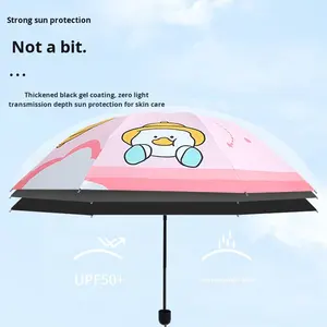 Parapluie double usage soleil et pluie pour garçons et filles, motif petit canard mignon de dessin animé, avec revêtement noir et protection solaire - Product Image 4