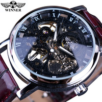 Montre-Bracelet Homme Winner Luxe Transparent Doré Boîtier Décontracté Cuir Marron Montre Mécanique Squelette