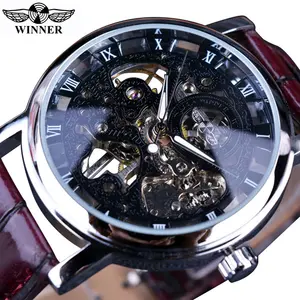 Vincitore orologi da polso orologio da uomo cassa dorata trasparente di lusso Design Casual orologi da uomo in pelle marrone orologio meccanico scheletro