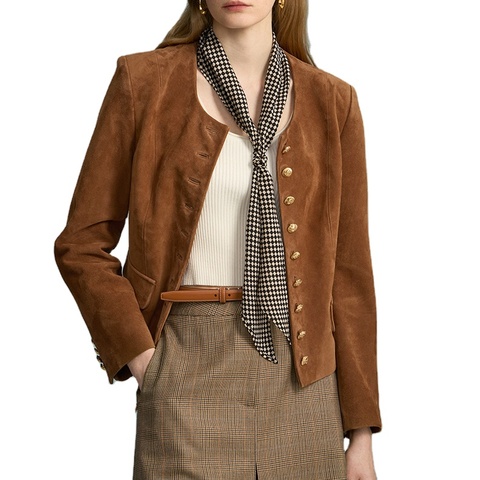 3133 Neck Single Breasted Long Sleeves Genuine Sheep Suede Leather Coats for Women