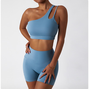 Soutien-gorge de sport sans couture respirant à une épaule pour femme, push-up, antichoc, en spandex/nylon, vêtements de yoga côtelés, OEM ODM - Product Image 5