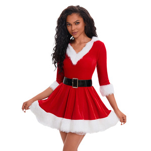 Santa Claus Costume Women <b>Red</b> Velvet Dress With White Fur Trim And <b>Belt</b> For Christmas Party Costumes - Product Image 1