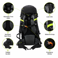 Sac à dos de trekking extensible 65L+5 pour randonnée multi-jours et alpinisme avec système de torse réglable et panneau dorsal ventilé