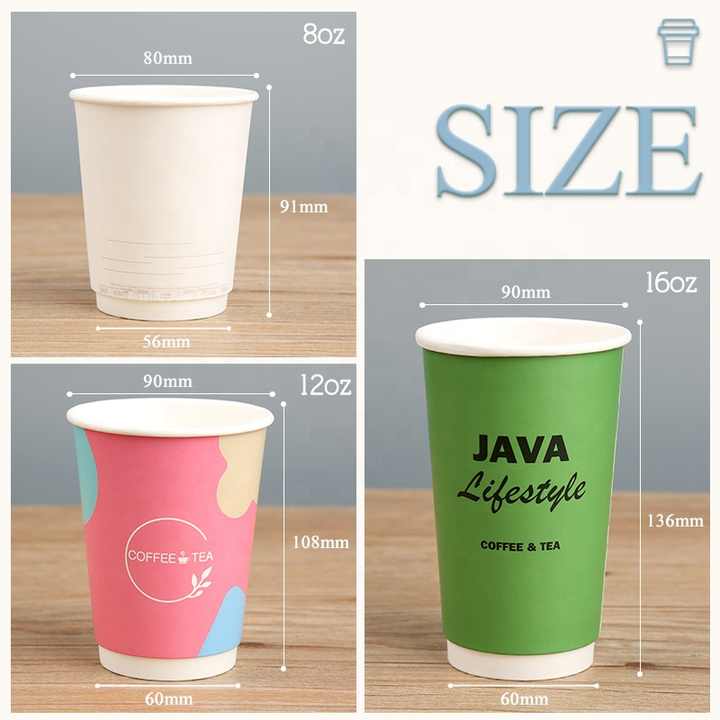 Custom Printed Logo Disposable Double Wall Hot Coffee Cups With Lid Double Paper Cup