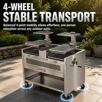 Barbecue au charbon de bois de style Santa Maria, moderne et haut de gamme, chariot mobile en acier inoxydable avec grille de cuisson à hauteur réglable