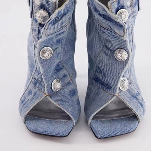 Summer Square Open Toe High-Heeled Short <b>Boots</b> Denim Ankle Women Stiletto Sandals Front Buckles Jeans Shoes - Product Image 5