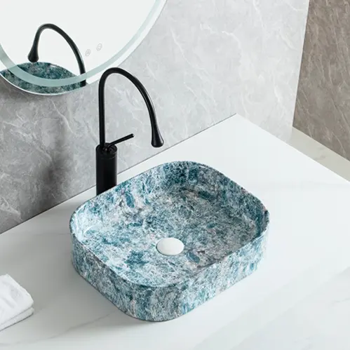 Fregadero de cerámica nórdico de fábrica, armario de lavabo de Arte de mármol, encimera azul, lavabo de mano, lavabo de baño de mesa