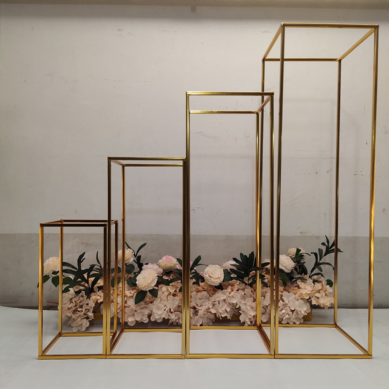 Блестящая золотая напольная ваза, цветочный дисплей, прямоугольная железная стойка, центральные части, подставки для украшения дома и праздника