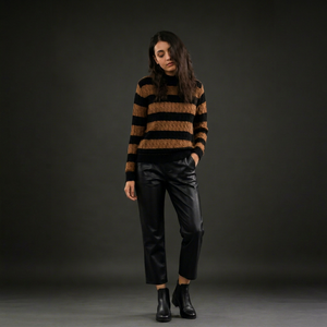 Pull en maille torsadée rayé imprimé sur le devant pour femme, col rond, manches longues, en coton et élasthanne, style décontracté coréen, collection automne - Product Image 1