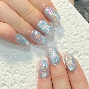 10 Pcs/set Ocean Blue Gradient Cat Eye Bubble Bead <b>Acrylic</b> Pre-designed <b>Glue</b> Almond Shape Nail Art Tips Press Nails Artificial - Product Image 2