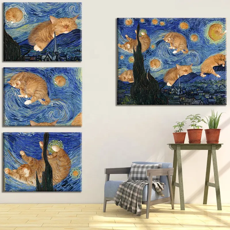 HD Gato Cartaz Pinturas de Parede Animal Da Foto Impressa na Lona Azul Céu Estrelado Poater Arte Da Parede Quarto Do Berçário Do Bebê Menina decoração