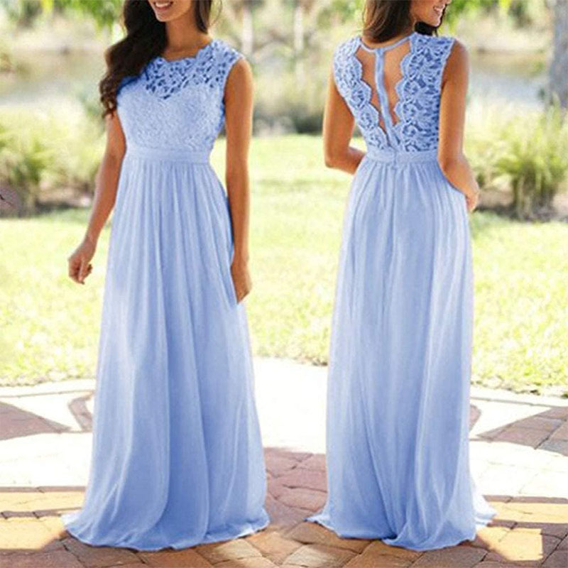 Blue floor length chiffon lace bridesmaid dress