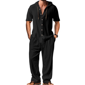 Conjunto de Camisa de Lino y Algodón con Capucha para Hombre, Pantalones Holgados de Manga Corta, Traje Informal en Gris, Blanco, Negro y Caqui, Ropa Casual DF-999 - Product Image 4