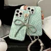 Casing HP Mint Green Polka Dot untuk 18promax dengan Rantai Pita 17 Apple 16 Rantai Perak Keras Motif Gelombang