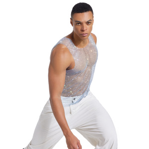 Heren Sexy Strass Mesh <span class=keywords><strong>Tank</strong></span> <span class=keywords><strong>Top</strong></span> Mouwloos Visnet Vest O-hals Doorzichtig Voor Feestkleding Club En Nachtleven Mode - Product Image 2