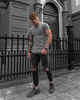 T-shirt d'entraînement de gymnastique pour hommes imprimé sur mesure élastique mince en coton polyester à manches courtes hautement extensible tricoté imprimé décontracté