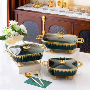 Réchaud à nourriture pour hôtel de mariage, support doré, plat à four en céramique, assiettes en céramique à deux anses, chauffe-plat à <span class=keywords><strong>bougie</strong></span>, récipient chauffant 2,3 L - Product Image 6