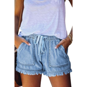 Women's Casual Denim Shorts | <b>Elastic</b> <b>Waist</b> Drawstring <b>Jean</b> Shorts <b>with</b> Pockets and Frayed Hem for Summer Wear - Product Image 2