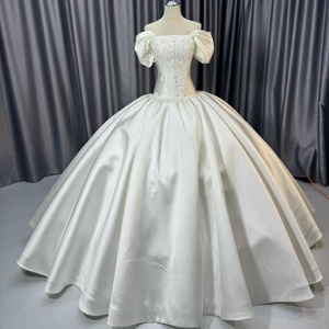 Lscm116 Romantic Ivory Off Shoulder Square Neck Puff Sleeve Lace Applique Corset Plain Satin Ball Gown <b>Wedding</b> Dress Jancember - Product Image 6