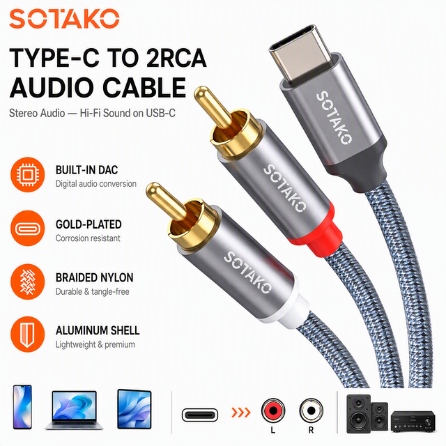 SOTAKO USB-C to Dual RCA Audio Cable Built-in DAC Gold-Plated Connectors-Stereo HiFi for Computer Home Theater Laptop Speaker